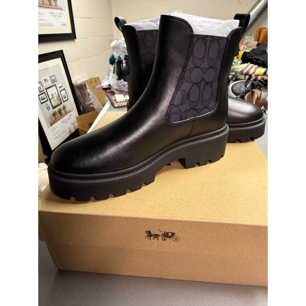 Coach Lucy Black Leather Chelsea Boots Signature Jacquard CCH14 Mens 9B Lug Sole - Picture 5 of 9